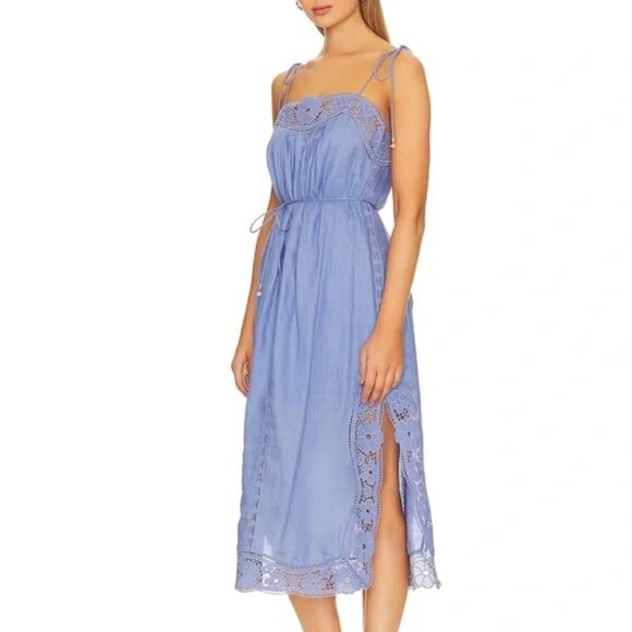 Zimmermann August Belted Linen Midi Dress in Dusty Blue – Size 3 (US 8/10) - Picture 3 of 11